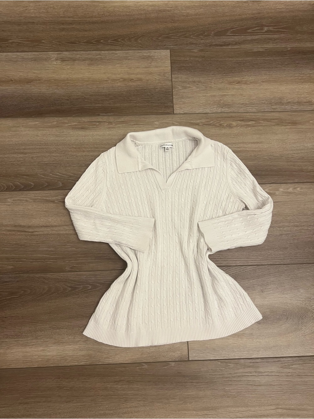 Women's Cable V-Neck Polo Sweater in Cream
